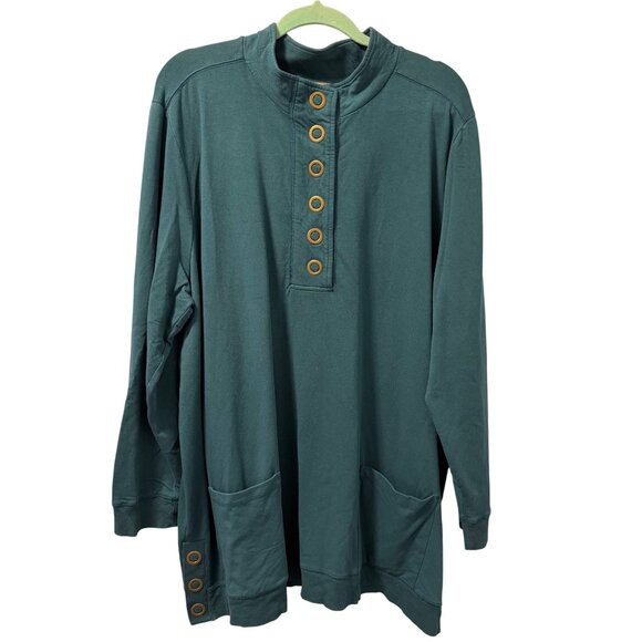 Soft Surroundings Teal Long-Sleeve Tunic Shirt W/ Pockets & Button Detail Size 2 - Picture 3 of 12